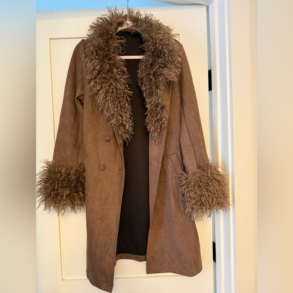 NWOT Medium Shein Brown Faux Fur Trim Coat